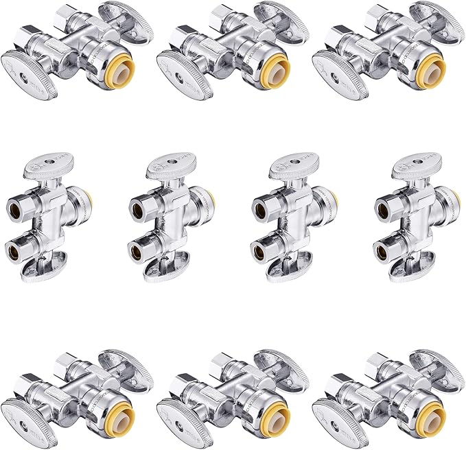 10-Pack Foskan Dual Outlet Push Fit Straight Stop Valve,1/4 Turn Straight Shut off Valve,1/2" Push Fit x 3/8" OD x 3/8" OD,Chrome Plated Brass