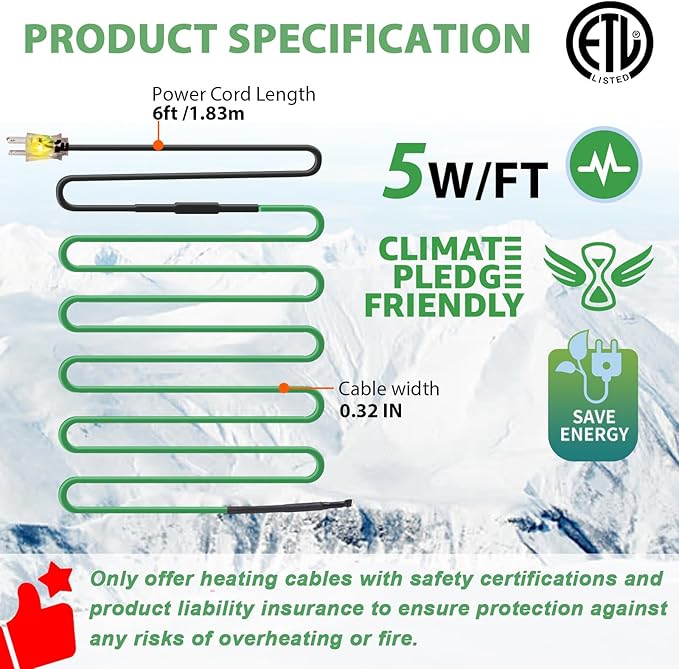 HEATIT Heat Tape for Water Pipes, Self-Regulating Heat Tape for Metal And Plastic Home Pipes, Outdoor Heater For Pipes ETL Certified 120 V 28FT