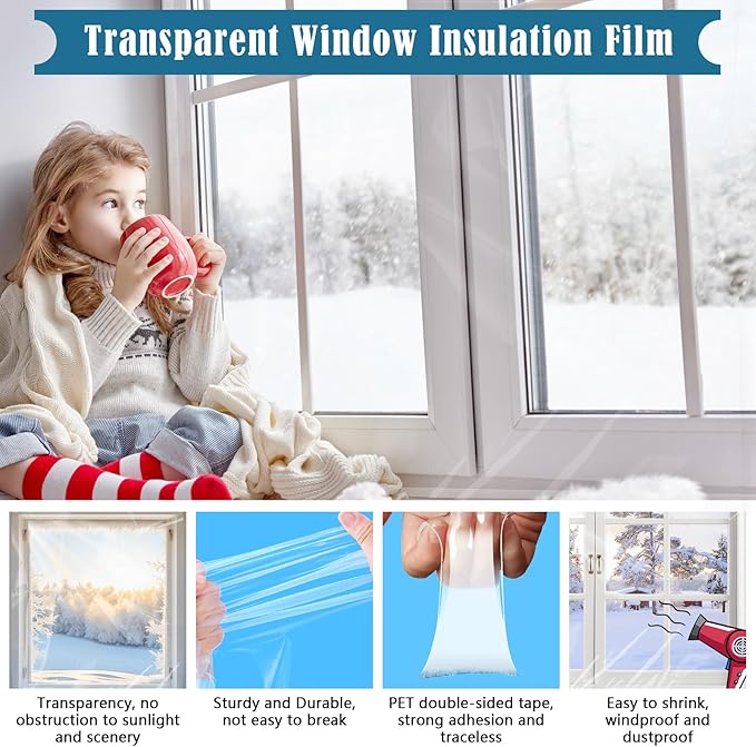 Window Insulation Kit, 87 × 394 Inch Plastic Window Coverings for Winter, Thicken Window Shrink Film Insulator Kit Windows Waterproof Winterizing with 4 Double-Sided Tape for 3 Pcs 7 x 9 Ft Windows