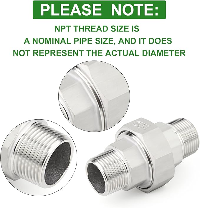 TAISHER 2PCS 304 Stainless Steel Union，3/8" NPT Male x 3/8" NPT Male Cast Pipe Fitting