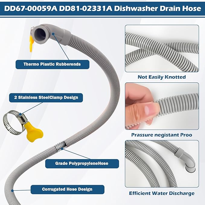 BigHead DD67-00059A DD81-02331A Dishwasher Drain Hose with 2 Hose Clamp (9.3FT) Compatible with Samsung Dishwashers Replaces DD81-02636A AP4981889 PS4222564