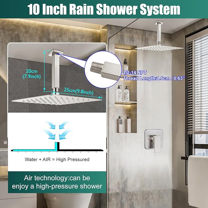 Heyalan Shower Faucet Set Square Stainless Steel Bathroom Rainfall Shower System One Handle Single Function Shower Trim Kit with Rough-in Valve Male Thread,Ceiling Mount,10 Inch,Brushed Nickel