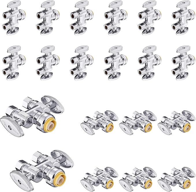 20-Pack Foskan Dual Outlet Push Fit Straight Stop Valve,1/4 Turn Straight Shut off Valve,1/2" Push Fit x 3/8" OD x 3/8" OD,Chrome Plated Brass