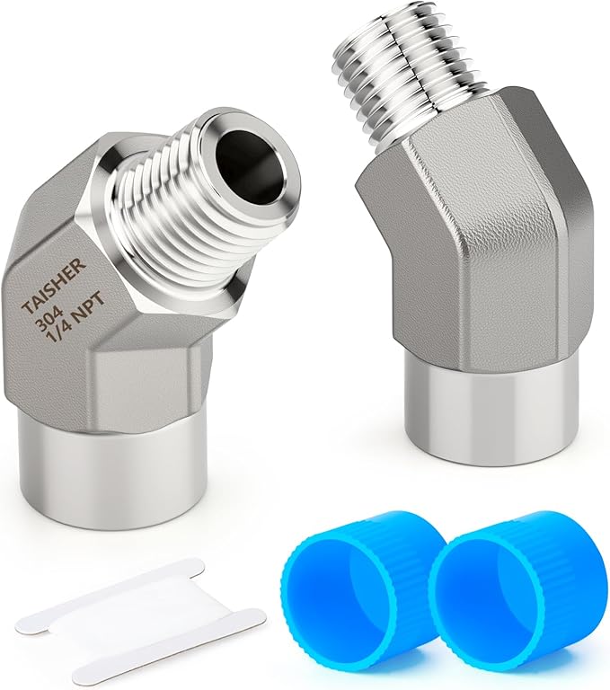 TAISHER 2PCS 304 Stainless Steel 45 Degree Barstock Street Elbow, 1/4" NPT Male x 1/4" NPT Female 304 Stainless Pipe Fitting