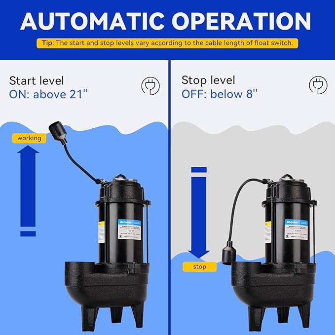 Acquaer 1/2HP Submersible Sewage/Effluent Pump, 6000 GPH, Cast Iron, Automatic Tethered Float Switch, 115V Sump Pump for Sump Basin, Residential Sewage, Basement, 2'' NPT Discharge
