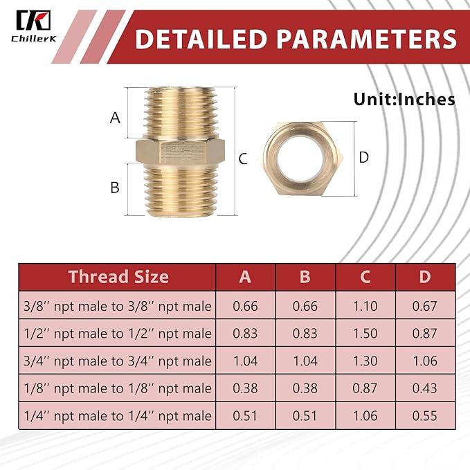 Hex Couplings, 1/2" NPT Male To Male Brass Hex Nipple Adapters, Brass Pipe Extension Fittings for Oil/Air/Water/Gas Systems. (2 Pack)