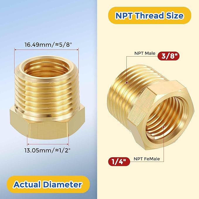 5 Pack Brass Pipe Fitting, 3/8" NPT Male to 1/4" NPT FeMale Brass Hex Bushing Reducer, Hose Tube Threaded Adapter for Air, Oil, LP