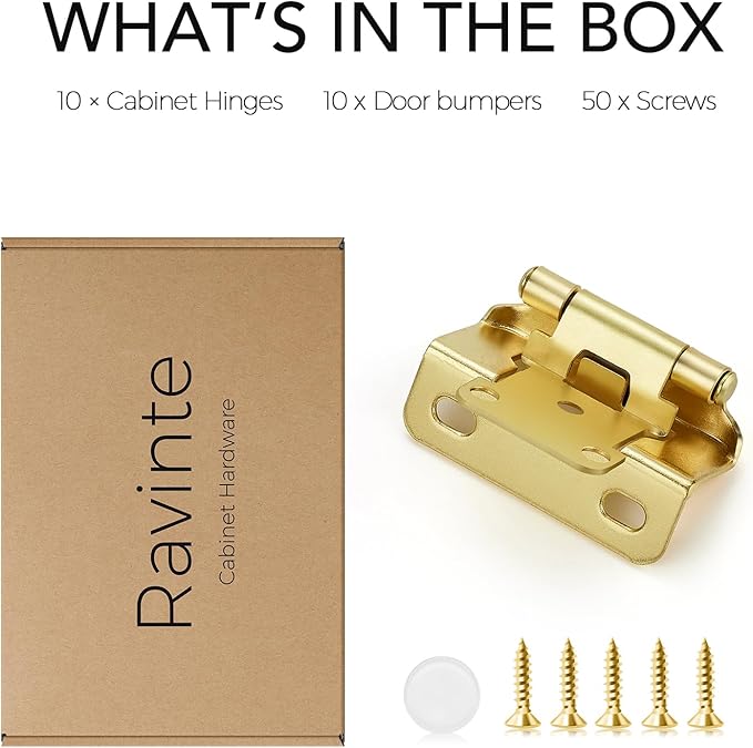 Ravinte 10 Pack 5 Pairs Semi-Overlay 1/2 inch Self-Closing Face Frame Cabinet Hinges Gold Half Wrap-Around Kitchen Door Hinges Face Mount Cabinet Hardware