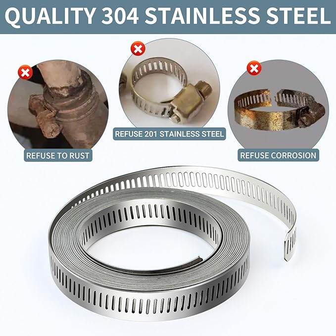 304 Stainless Steel Hose Clamps - For DIY,Cut-To-Fit 19.5 FT Metal Strap + 15 Stronger Fasteners Assortment Kit Large Adjustable Worm Gear Band Screw Clamps Duct Pipe Metal Clamp Strapping