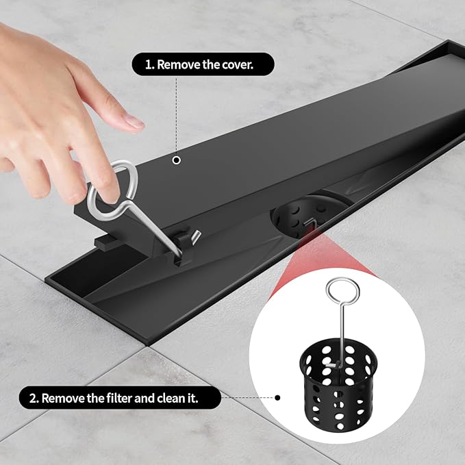 Linear Shower Drain, 304 Stainless Steel with Adjustable Leveling Feet, Hair Strainer,Reversely Install Place to Create an Invisible Floor Drain - Black -54-Inch