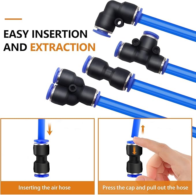 mankk 60PCS 1/4”OD Push to Connect Fittings Air Hose Fittings Quick Release Pneumatic Kit (15 Spliters,15 Elbows,15 Tee,15 Straight) for Air Line 1/4"Tube