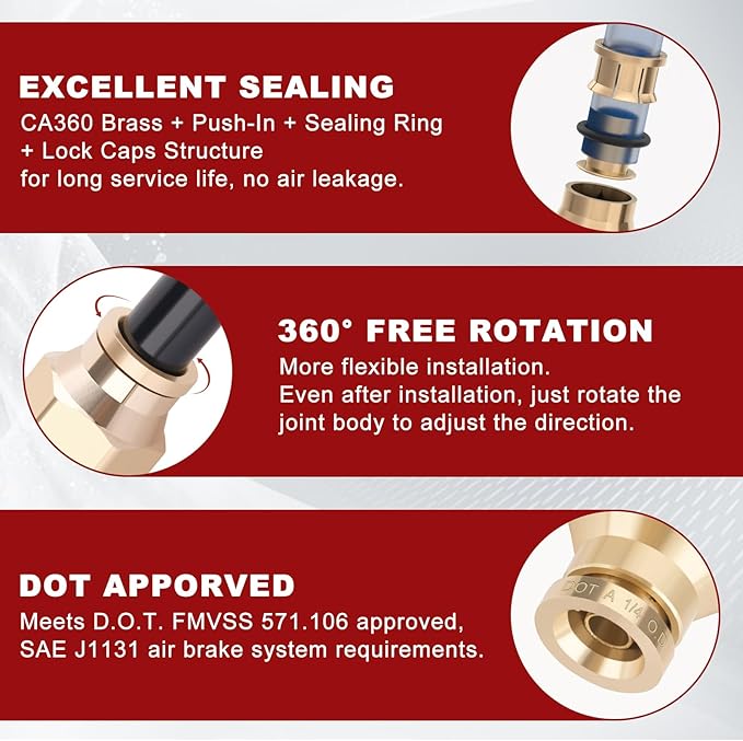1/4" Quick Push to Connect Fittings Brass Union Straight Joint DOT Approved for Tube OD x NPT Thread Air Line Adapter Suspension Kit for Truck Trailers and Brake System 4pcs