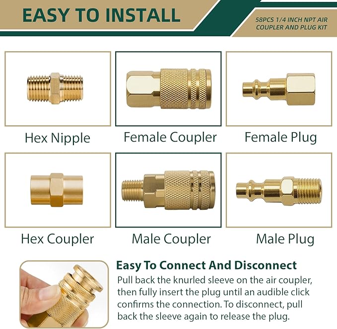 58 Pcs Air Hose Fittings, 1/4" NPT Air Coupler & Plug Kit, Industrial Interchange Quick Connects, Air Tool Fittings for Professional Jobsite, Auto Shop, DIY User