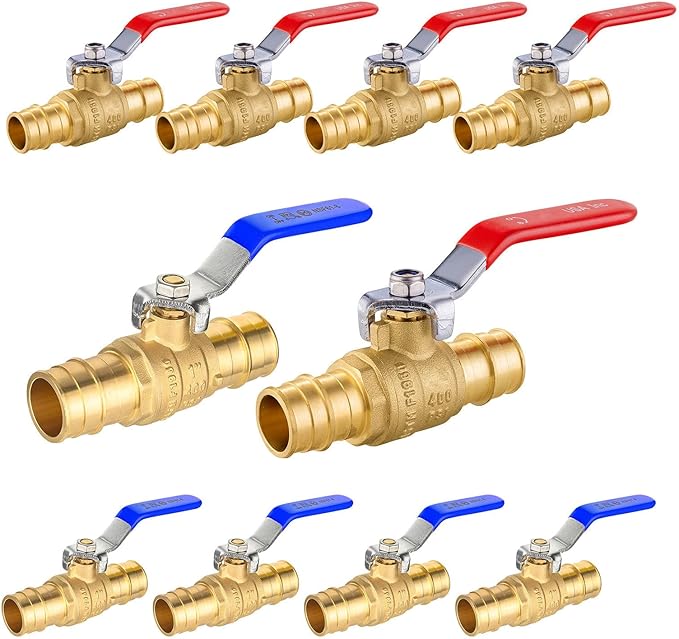 10-Pack Foskan 1" Brass PEX-A Full Port Ball Valve, Quarter Turn Shut-off Valve for PEX-A Tubing(Blue and Red)
