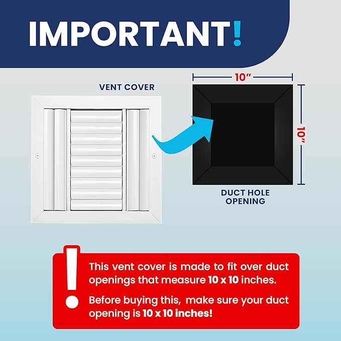 10x10 Inch (Duct Opening) Aluminum 3-Way Air Flow Vent – HVAC Vent Cover for Wall or Ceiling – Quiet HVAC Wall Register - Multi-Shutter Damper – Adjustable Curved Blade - Plastic Seal for Tight Fit