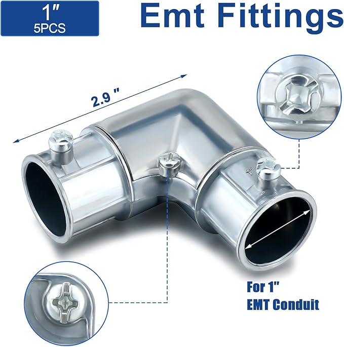 Gisafai 5 Pcs EMT Conduit Fittings Inside Corner Pull Elbow, EMT 90 Degree Metal Conduit Capped Corner Coupling, Combo Head Set Screw, Zinc Die Cast, Silver (1 Inch)