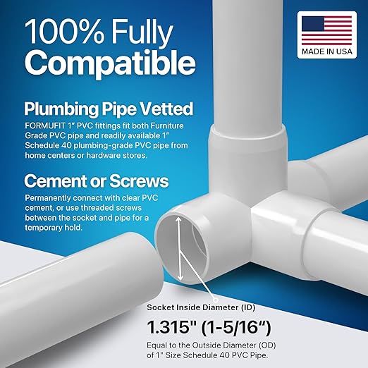 FORMUFIT 1” 4-Way Tee Furniture Grade PVC Fitting in White, Made in USA, UV-Resistant, Impact-Proof, 1.315” Actual Socket Diameter (Pack of 4) - F0014WT-WH-4