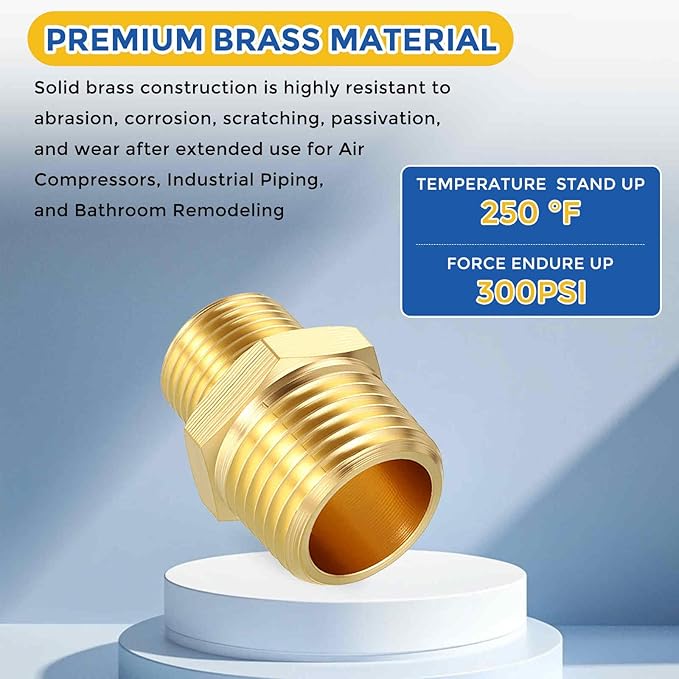 4 Pack Brass Pipe Fittings, 1/2" NPT Male to 3/8" NPT Male Brass Hex Nipple, Male Pipe Adapter Reducer for Air, Oil, LP