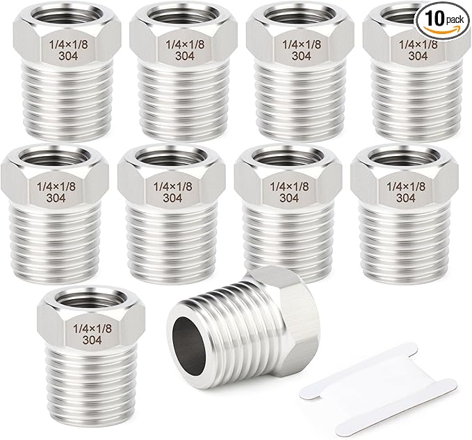 TAISHER 10PCS 304 Stainless Steel New Reducer Hex Bushing, 1/4" NPT Male x 1/8" NPT Female, Reducing Pipe Adapter Fitting