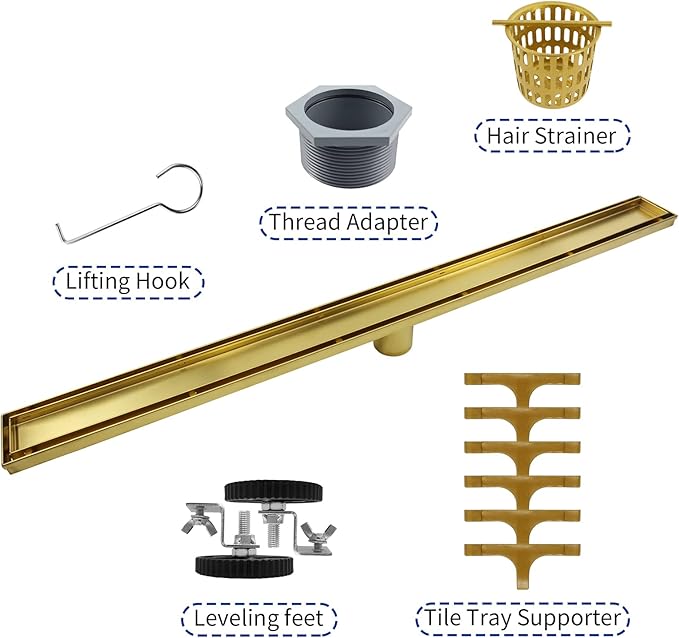 Linear Shower Drain 36", Brushed Gold Floor Drain with Tiled Insert Grate & Hair Strainer, 304 Stainless Steel Bathroom 2-in-1 Tiled in Drain, CUPC Certified (Brushed Gold, 36'')