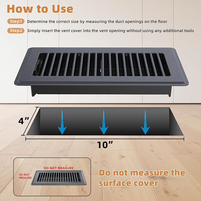 Floor Register 4 x 10-8 Pack Dark Gray Floor Vents, Heavy - Duty Steel Adjustable Airflow Floor Vent Covers, Rust - Resistant Vent Cover are Suitable for Living Room, Bedroom and Bathroom