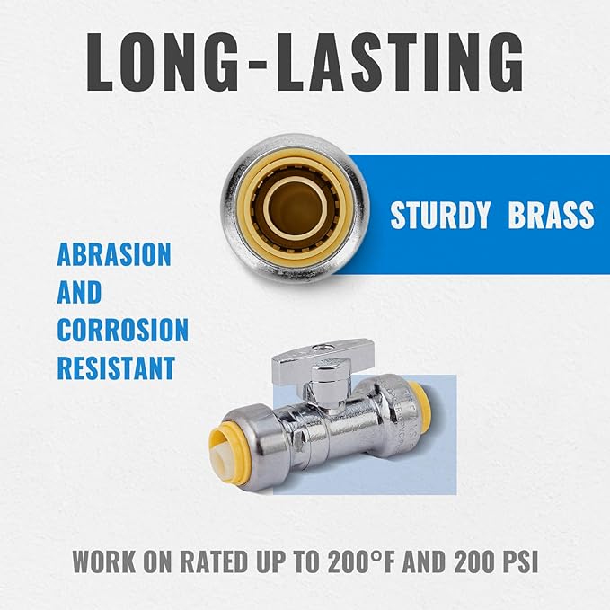 SUNGATOR 1/2 Inch Straight Shut Off Valve, 1/2 Inch Pushfit Straight Stop Valve, No Lead Brass Plumbing Fittings Push to Connect PEX, Copper, CPVC, With 1 Disconnect Clip, Pack of 6