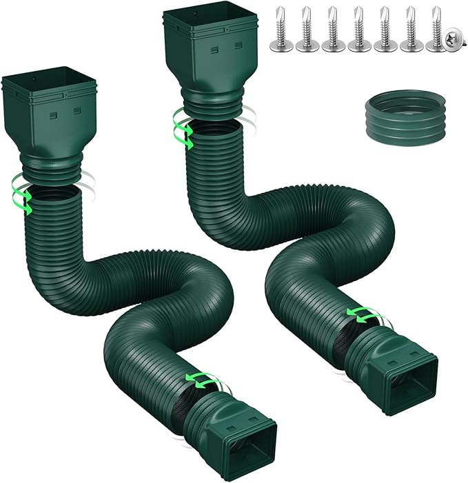 Rain Gutter Downspout Extensions, Downspout Extender for Rainwater Drainage Flexible, Extendable 58"+66" Down Spout Drain Extension Pipes (2 Pack, Green)