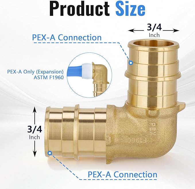 (10-Pack YVSKM) 3/4" PEX-A 90° Elbow Expansion Fitting, Lead-Free Brass Full Flow Connector, ASTM F1960 & cUPC Certified for Residential Hot & Cold Water and Radiant Heating Systems