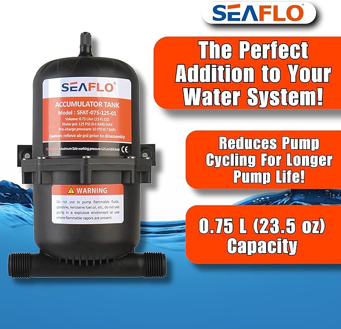 SEAFLO Accumulator Tank Water Pump Flow Control with Internal Bladder - 125 PSI, 23.5 oz (0.75 L) | Reduces Pump Cycling and Smooths Water Flow for Marine, RV, and Off-Grid Systems