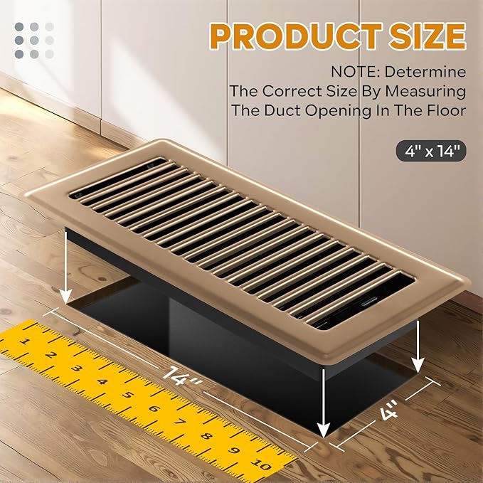 4x14 Floor Register, Floor Vent Covers, Heavy Duty Steel Walkable Floor Vent, Easy Adjust Air Supply Lever, Vent Covers for Home Floor, Air Vent Covers 4 Pack Brown