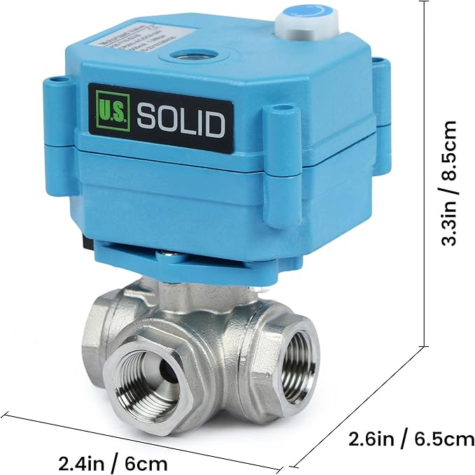 U.S. Solid 3/8" 3 Way Stainless Steel Motorized Ball Valve L Type AC/DC9-24V, Water Shutoff Valve with Manual Function, Standard Port