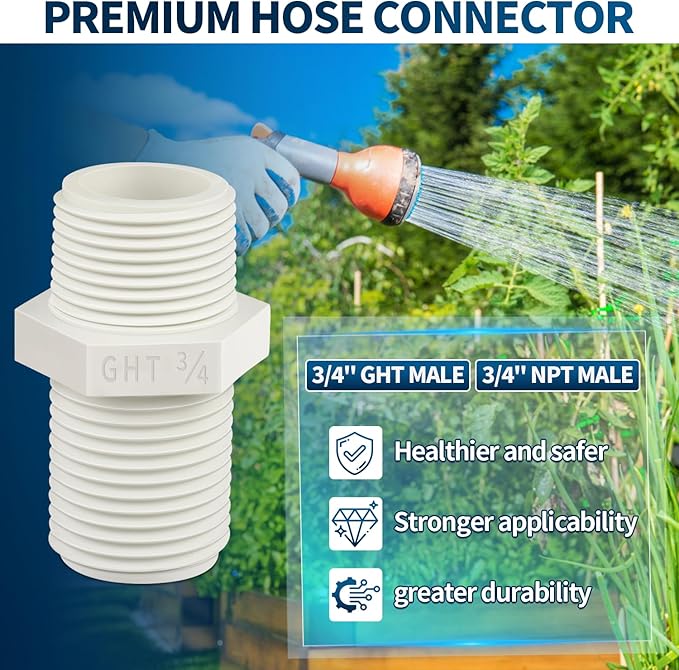 Boltigen 10Pcs 3/4 Inch PVC Pipe Fitting Hex Nipple, 3/4 NPT X 3/4 GHT Garden Hose Adapter, Sch40 PVC Coupling Adaptor Connector
