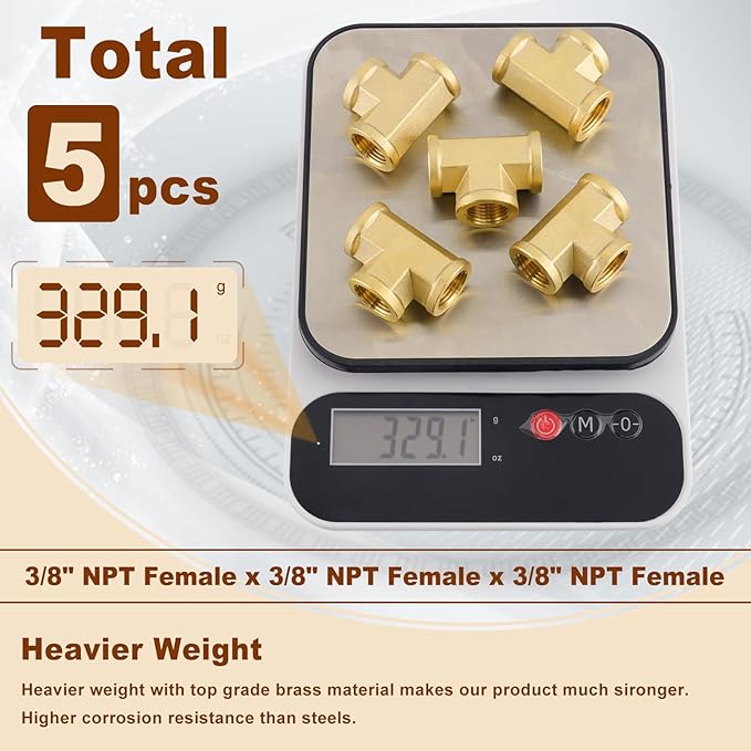 5pcs 3/8" Brass Tee Fittings 3/8" NPT Female Pipe to 3/8" NPT Female Pipe to 3/8 Inch NPT Female Brass Barstock Street Tee Pipe Fittings 3 Way Forged Brass Fittings