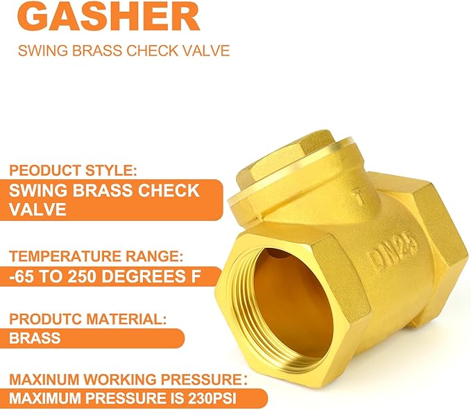 GASHER 2PCS Brass Swing Check Valve 1" Female Thread, Backflow Prevention, One Way Check Valves for Sump Pump and Air Compressor, Gas Air Fuel Oil Water