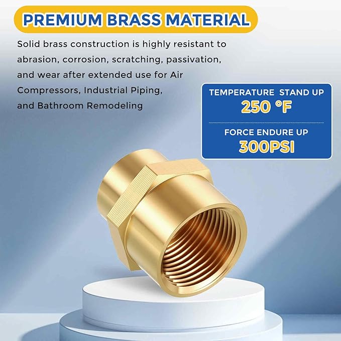 2 Packs Brass Pipe Fittings, 1" FeMale NPT to 3/4" FeMale NPT Brass Coupling, Coupler Hex Head Connectors for Air, Oil, LP, Gas