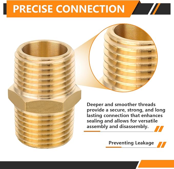 50-PCs HeSun Brass Hex Nipple Pipe Fitting, 1/2" NPT Male x 1/2" NPT Male Nipple Pipe Adapter(NPT013-50)
