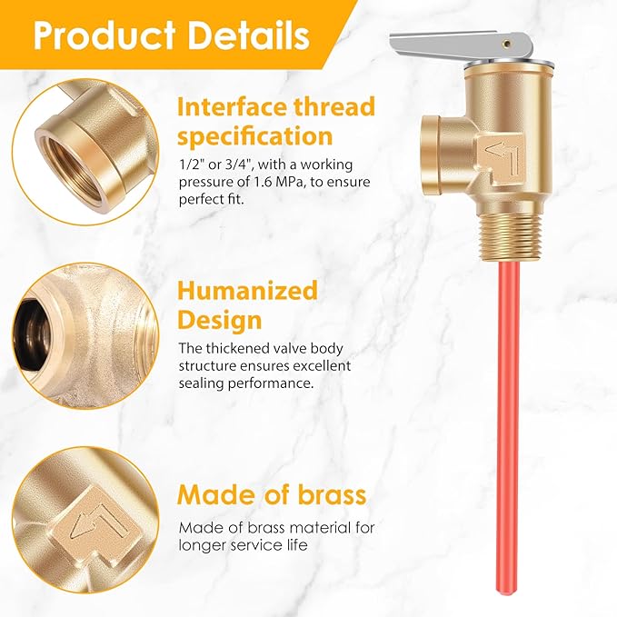 1/2" NPT RV 0.7MPa Temperature and Pressure Relief Valve Thickened Brass Safety Valve RV Water Heater Temperature and Pressure Relief Valve for Hot Water Heater Tanks (DN15-1pc)