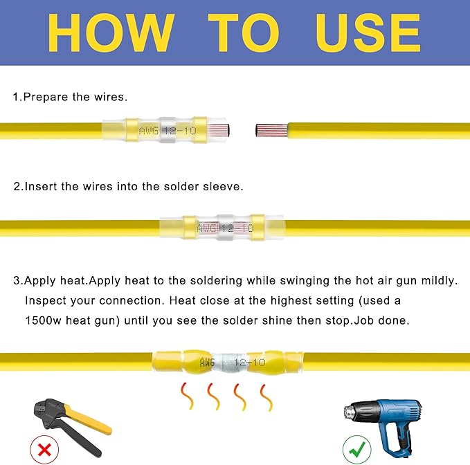 haisstronica 480PCS Yellow Heat Shrink Wire Connectors Kit,12-10 Gauge Ring Fork Spade Bullet Solder Butt Connectors (11Type)