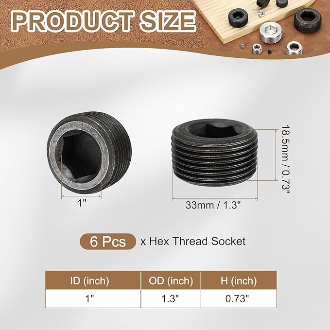 Pipe Plug Carbon Steel Internal Hex Thread Socket Pipe Plug Fitting - Fitting for (Sealing Port - Air Tanks - Water Outlets) 1 Inch NPT Male & 6 Pack