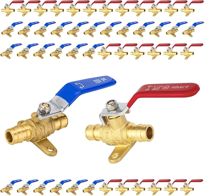 50-Pack Foskan Brass PEX-A Expansion Drop Ear Full Port Ball Valve, 1/2" Shut-off Valve for Hot and Cold Water Distribution(Blue and Red)