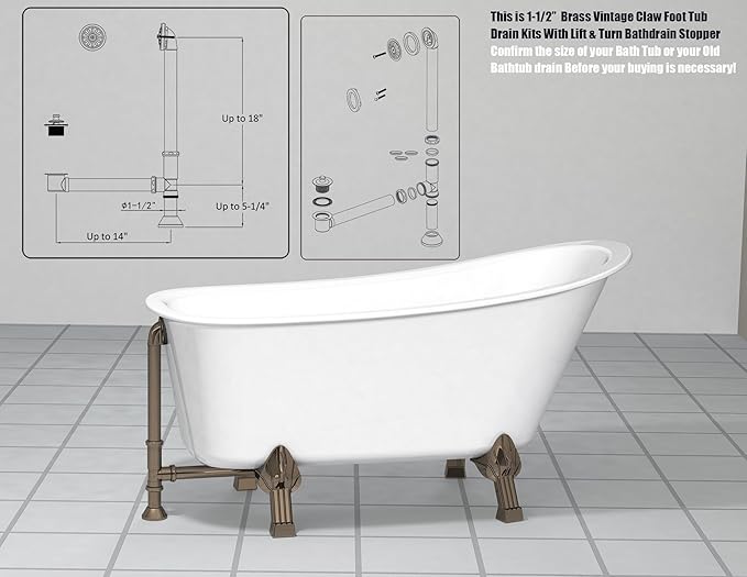 Artiwell Vintage Claw Foot Tub Drain Kit with Lift and Turn Bath Drain Stopper, 1-1/2" Brass Tubular Leg Tub Bathtub Waste and Overflow Drain Assembly with Drain Plug and Bathtub Overflow Cover