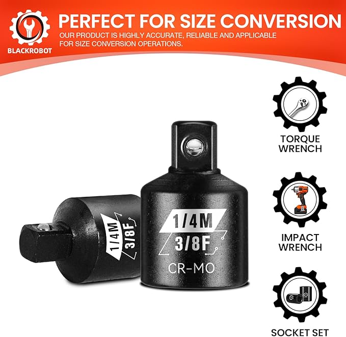 BLACKROBOT 2 Piece 3/8”F To 1/4”M Impact Socket Adapter Set,SAE Drive Cr-Mo Steel Exceeds ANSI Standards,Square Drive Reducer for Impact Driver Wrench