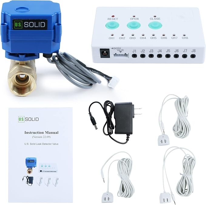 U.S. Solid Water Leak Detector - Water Leak Detect and Protect System with 3/4" Brass Motorized Ball Valve, Controller and 3 Sensors
