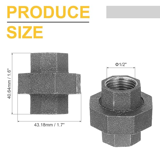 uxcell Pipe Fittings Union, 1/2 Inch Malleable Cast Iron Union Threaded for Vintage Retro Industrial Pipe, Furniture and DIY Decor Black, 10Pcs