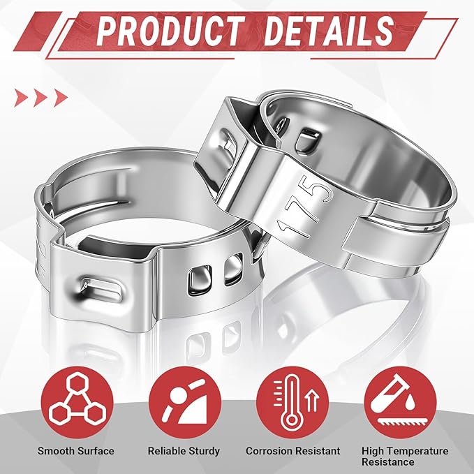 200 Pcs 1/2 Inch PEX Cinch Clamps, 304 Stainless Steel Crimp Rings Single Ear Hose Clamps for PEX Tubing Pipe Fitting Connections, Silver