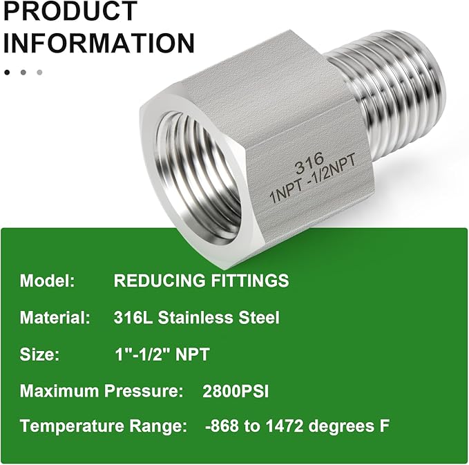 TAISHER 2PCS Forging of 316L Stainless Steel Pipe Fitting, Reducer Adapter, 1/2" NPT Male x 1" NPT Female, Reducing Pipe Adapter Fitting