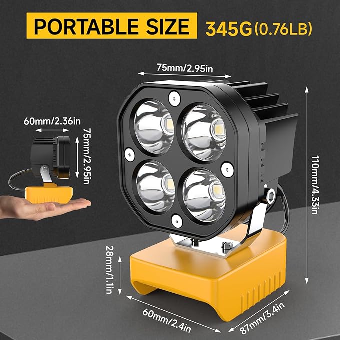 2 Packs LED Work Light Compatible with Dewalt 20V Battery, 40W 6000LM Flashlight, 20V Battery Cordless Work Light 120°Adjustable with Low Voltage Protection for Outdoors Job Site Lighting