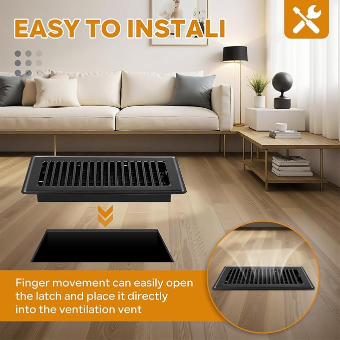 Black Vent Cover, Floor Register 4x10, Heavy Duty Steel Walkable Floor Vents, Easy Adjust Air Supply Lever, Vent Covers for Home Floor, 4 Pack Black