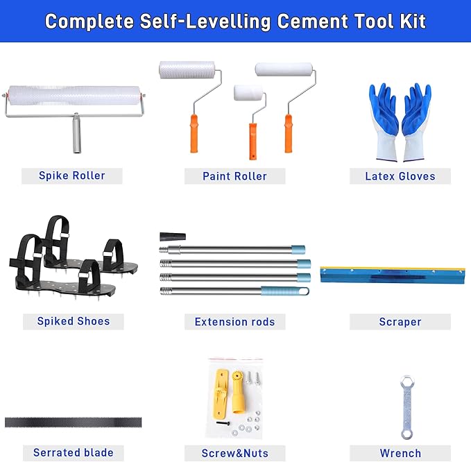 Self Leveling Cement Tool Kit- Epoxy Floor Tool Kit Includes Self-Leveling Rake, 2 Spiked Roller, 2 Flooring Construction Painter Roller, 16“-63” Telescopic Poles, Epoxy Spike Shoes and Gloves