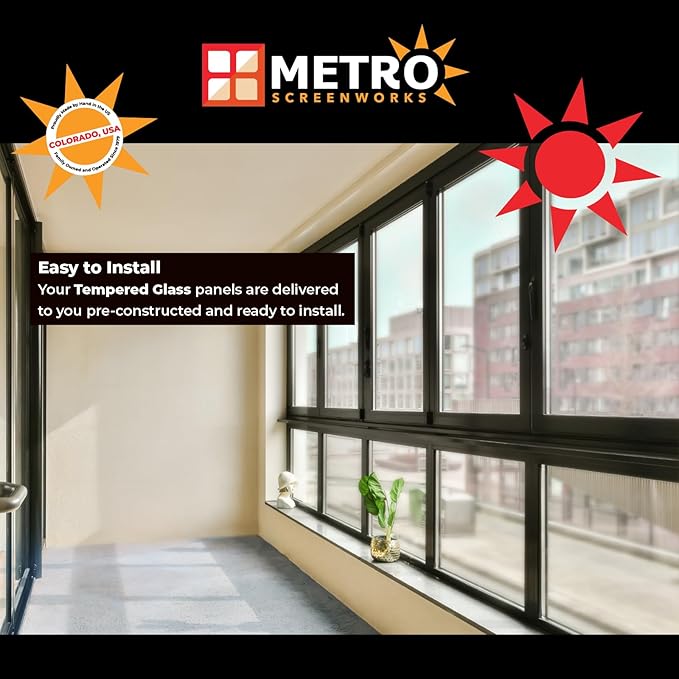 Metro Screenworks Framed Tempered Glass Panel for Porch & Patio Panels, Outdoor Enclosures, (29-1/8" x 34-3/8", White) Enclose Your Porch with Tempered Glass Panels - Glass Panel Replacement